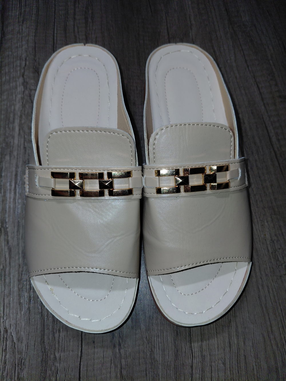 Women’s Cream Slip-On Slide Sandals with Gold Accent